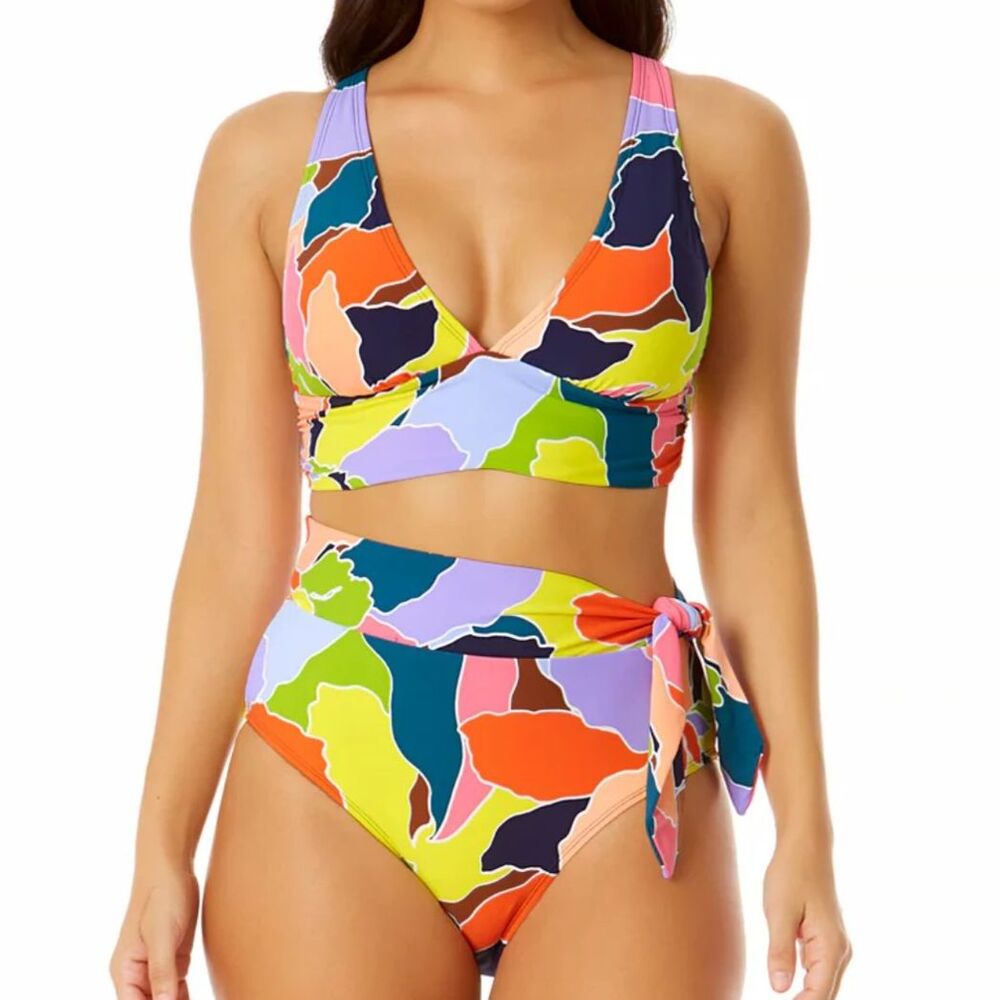 Anne Cole Swim Shirred Bralette Top Sm & High Rise Side Tie Bottom Lg Modest 2pc